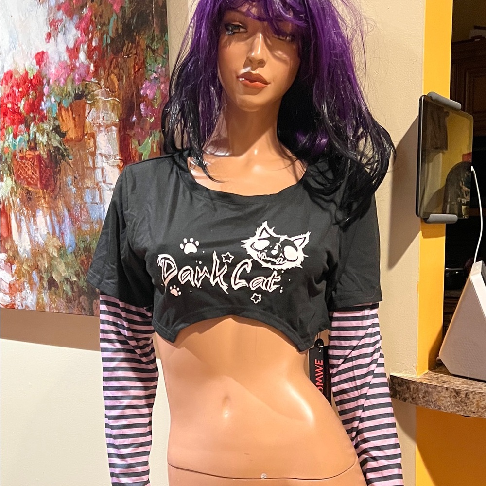 Goth dark cat Black Crop Top with Purple Striped S Sleeves nwt